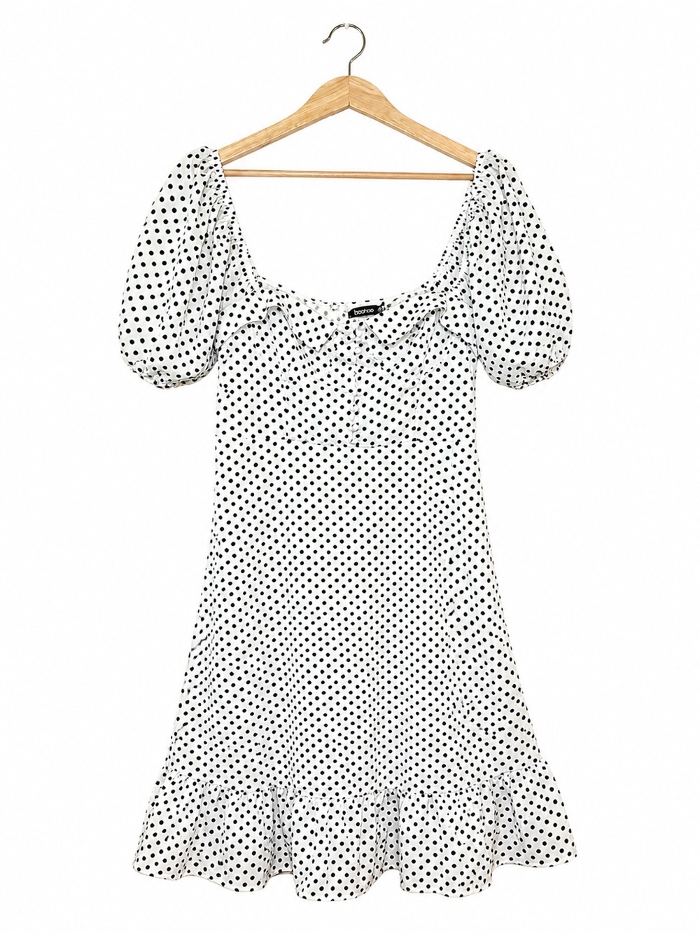 Boohoo Polka Dot Mini Dress | Puff Sleeve Babydoll Dress | French Girl Style - Picture 2 of 12